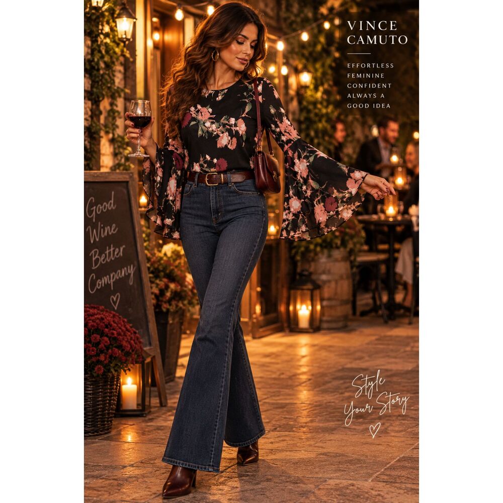 Vince Camuto Black Floral Dramatic Bell Sleeve Blouse Size S